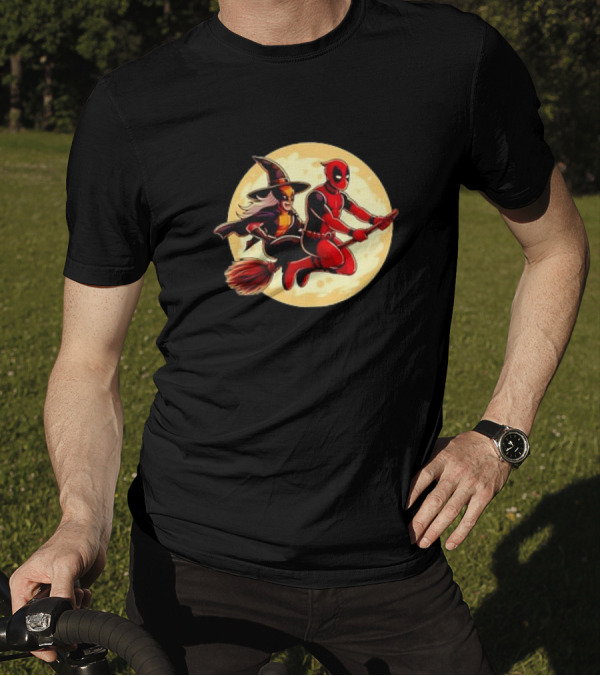 Deadpool And Wolverine Halloween Retro Moon Broom Ride T-Shirt