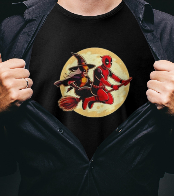 Deadpool And Wolverine Halloween Retro Moon Broom Ride T-Shirt