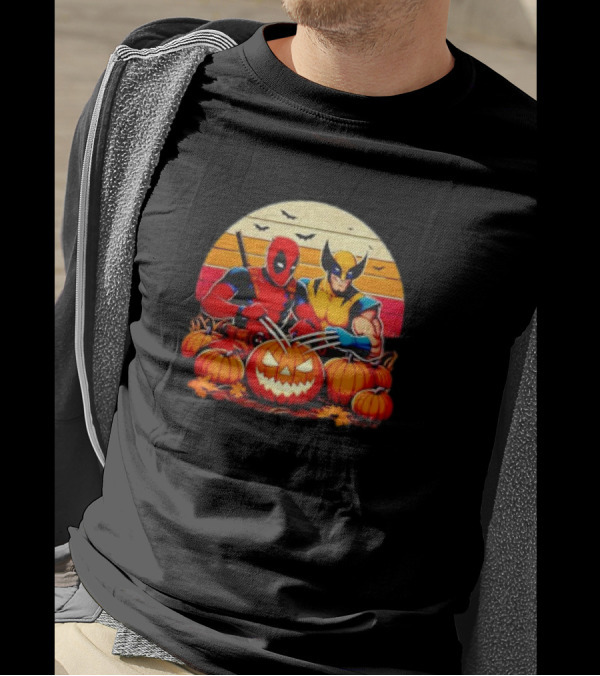 Deadpool And Wolverine Carving Pumpkins Retro Halloween Scene T-Shirt