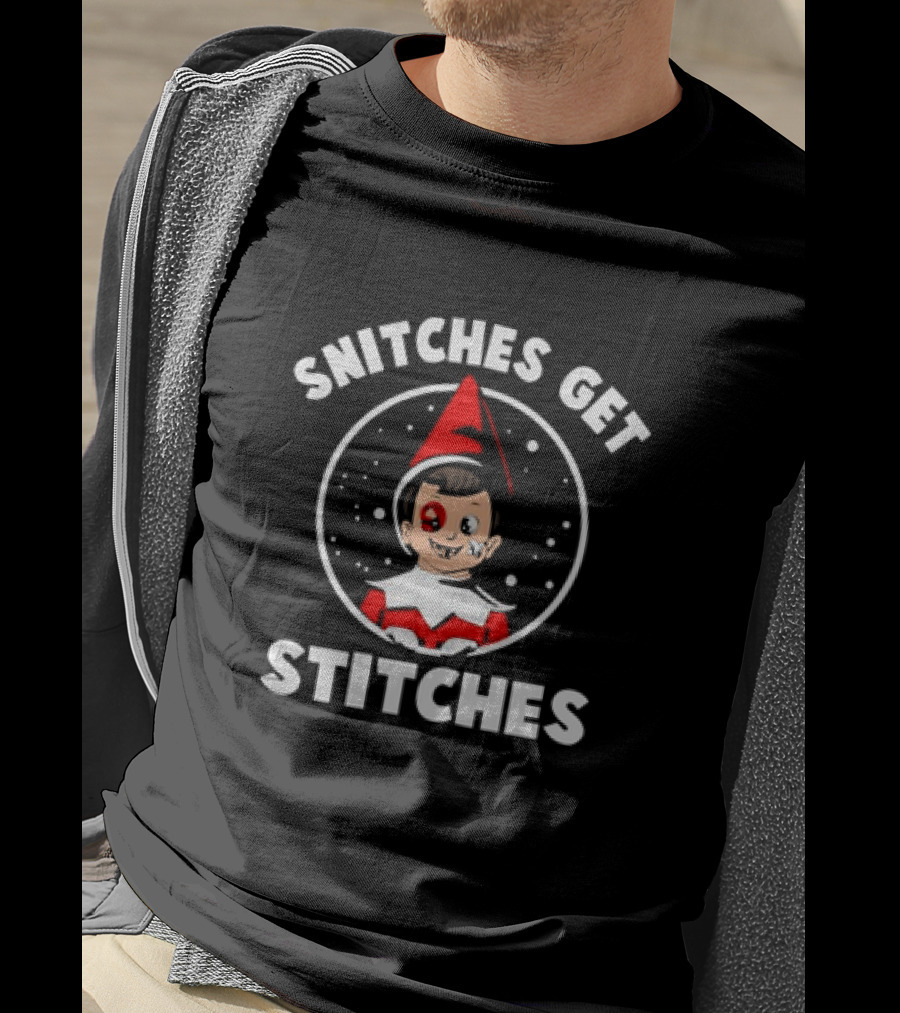Snitches Get Stitches Elf On A Shelf Humor Cartoon Face T-Shirt