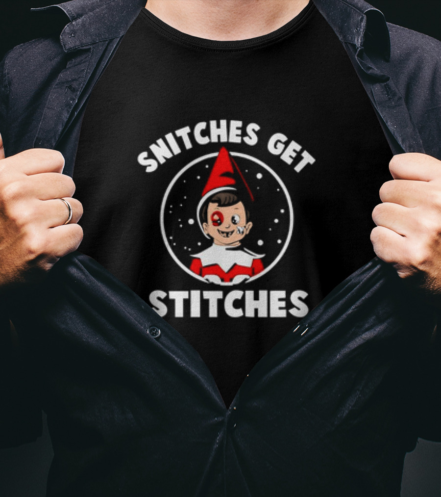 Snitches Get Stitches Elf On A Shelf Humor Cartoon Face T-Shirt