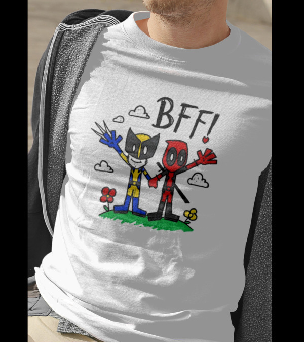 Deadpool And Wolverine BFF Cartoon Style With Heart And Clouds T-Shirt