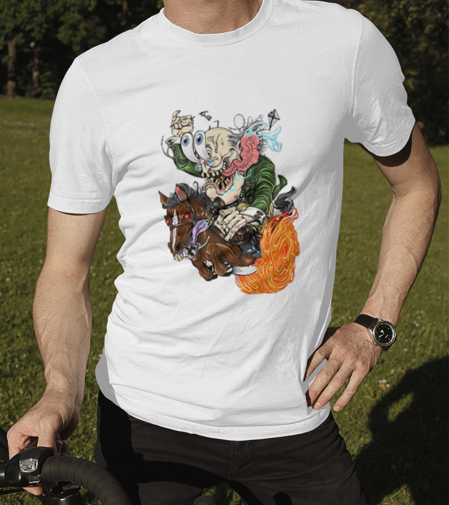 Ben FINKlin Surreal Dual-Eyed Figure On Flame-Engulfed Horse T-Shirt