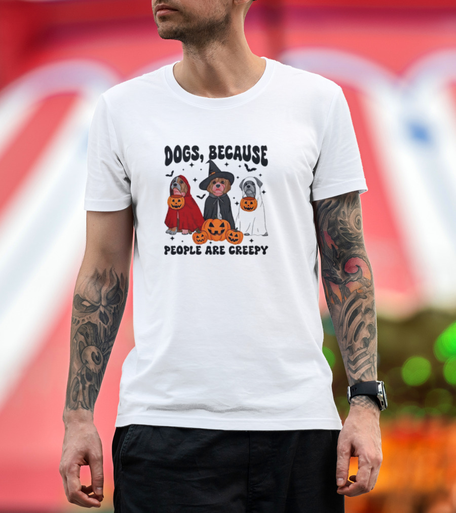 Dogs Because People Are Creepy Halloween Ghost Dog Costumes with Pumpkins and Witch Hat T-Shirt