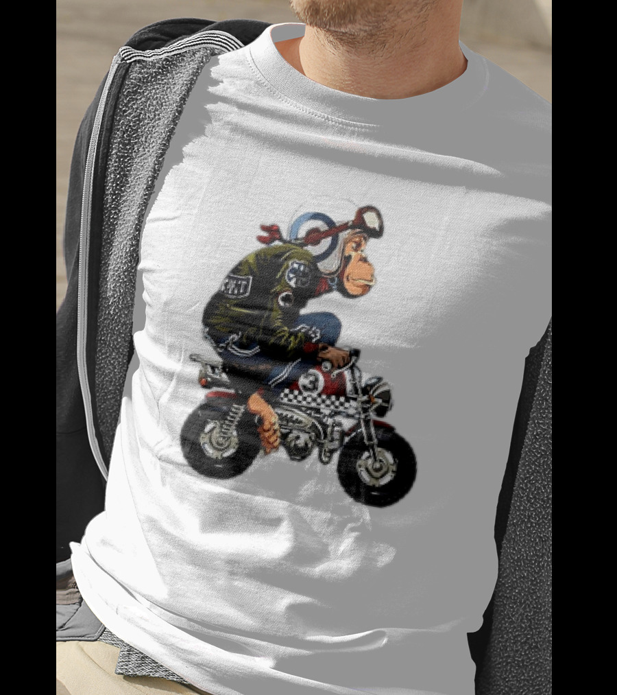 Monkey Riding Checkered Mini Bike Cartoon T-Shirt