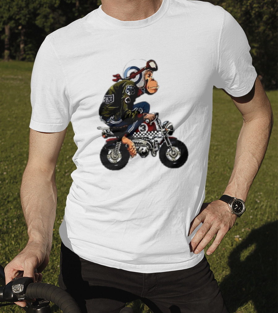 Monkey Riding Checkered Mini Bike Cartoon T-Shirt