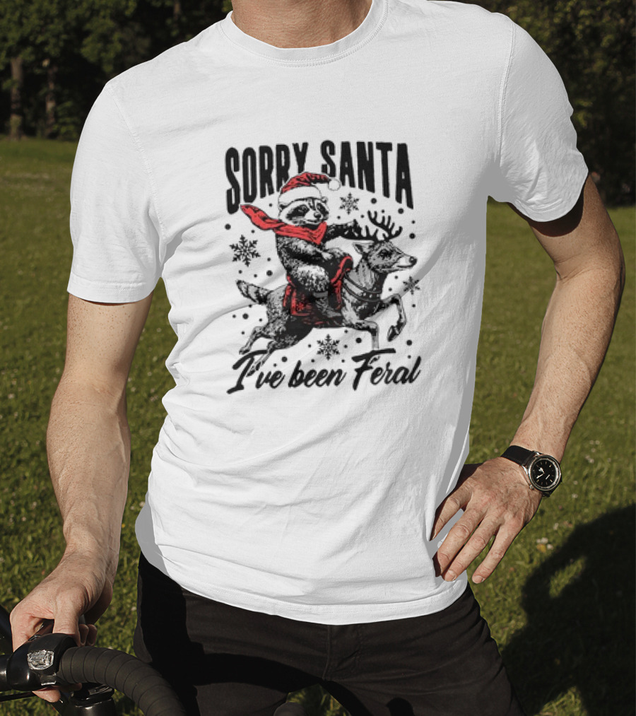 Sorry Santa I've Been Feral Retro Christmas Funny Raccoon Santa Hat T-Shirt
