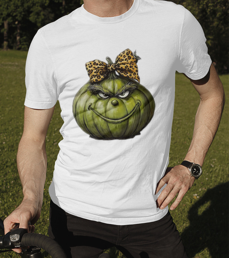 Retro Vintage Leopard Bow Grinch Pumpkin T-Shirt