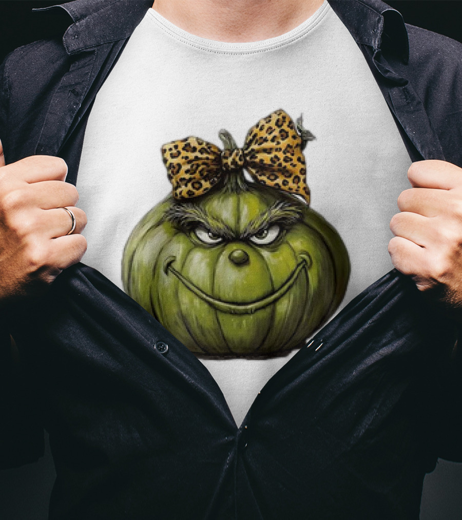 Retro Vintage Leopard Bow Grinch Pumpkin T-Shirt