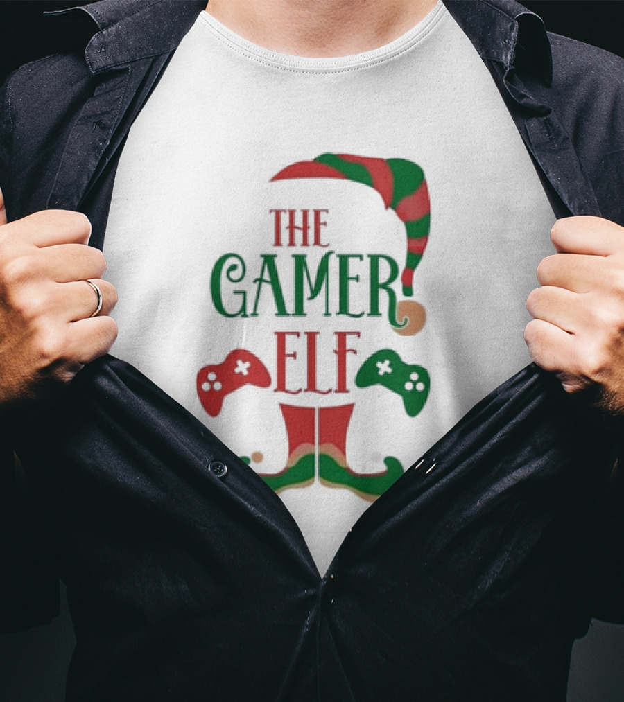 The Gamer Elf With Christmas Hat And Controllers T-Shirt