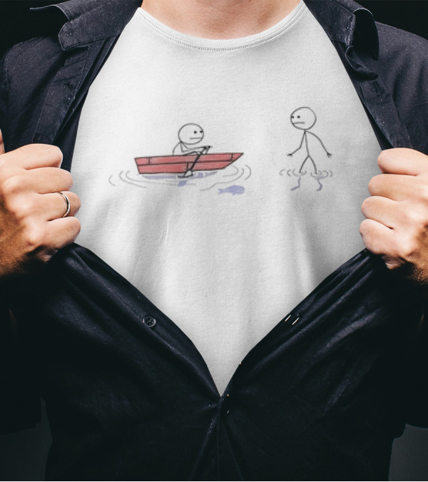 Stick Figure Rowing A Boat With Stick Figure Walking On Water Humor Concept T-Shirt