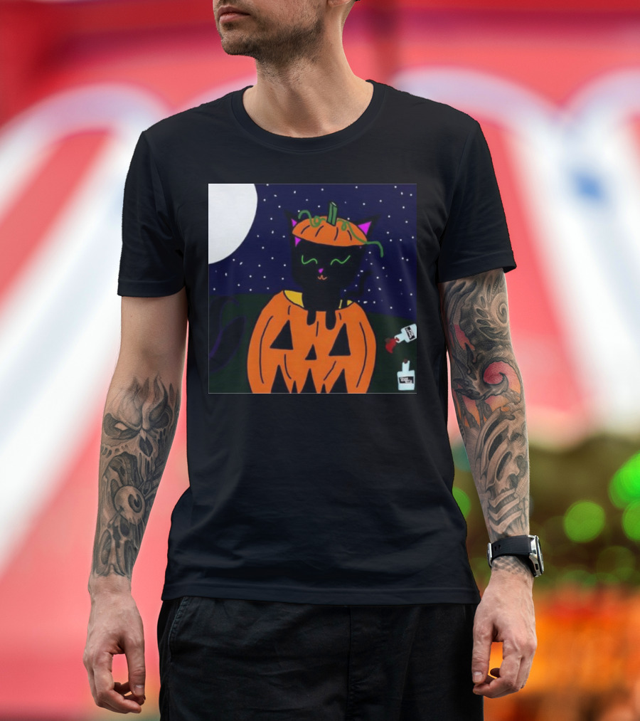 Cat O’Lantern Halloween Black Cat in Pumpkin Under Moon with Milk Carton T-Shirt