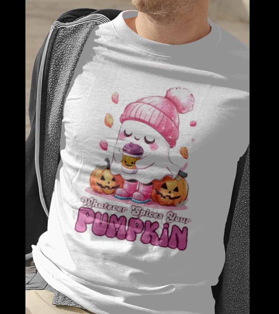 Ghost In Pink Beanie With Coffee And Pumpkins Whatever Spices Your Pumpkin T-Shirt