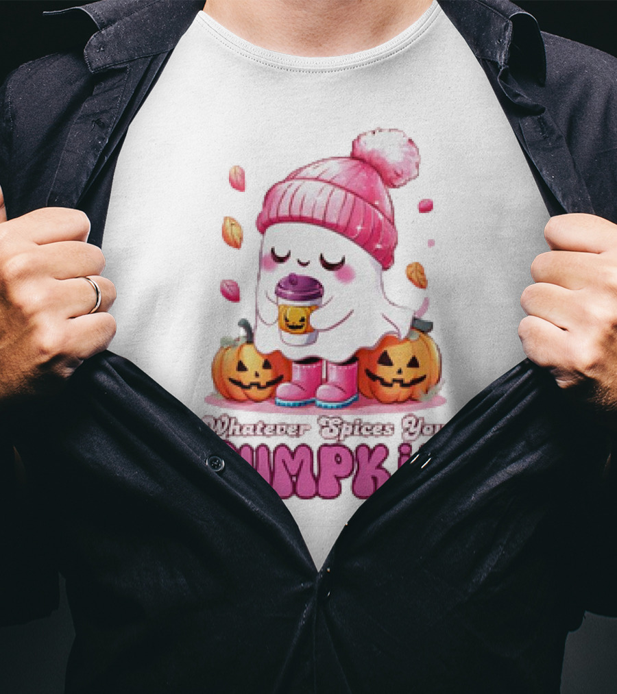 Ghost In Pink Beanie With Coffee And Pumpkins Whatever Spices Your Pumpkin T-Shirt