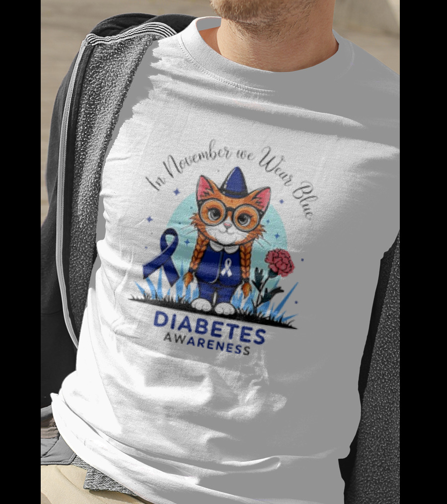 In November We Wear Blue Cute Cat Diabetes Awareness T-Shirt