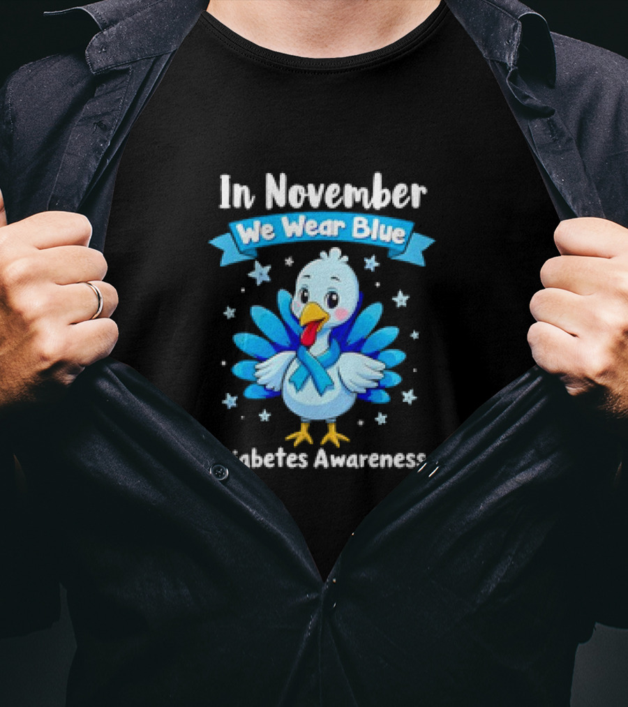 In November We Wear Blue Thanksgiving Diabetes Awareness Turkey With Ribbon And Stars T-Shirt