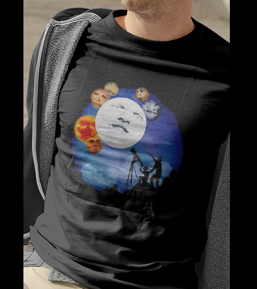 Man And Child Stargazing At Moon And Face Planets T-Shirt