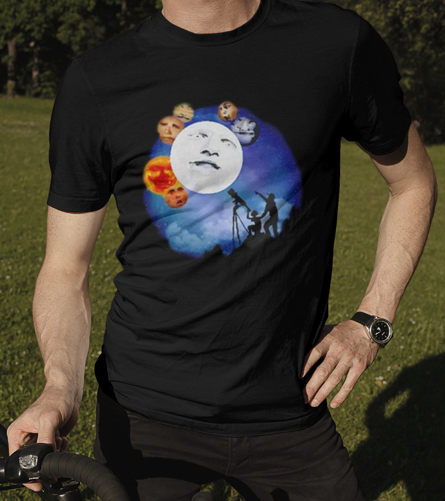 Man And Child Stargazing At Moon And Face Planets T-Shirt