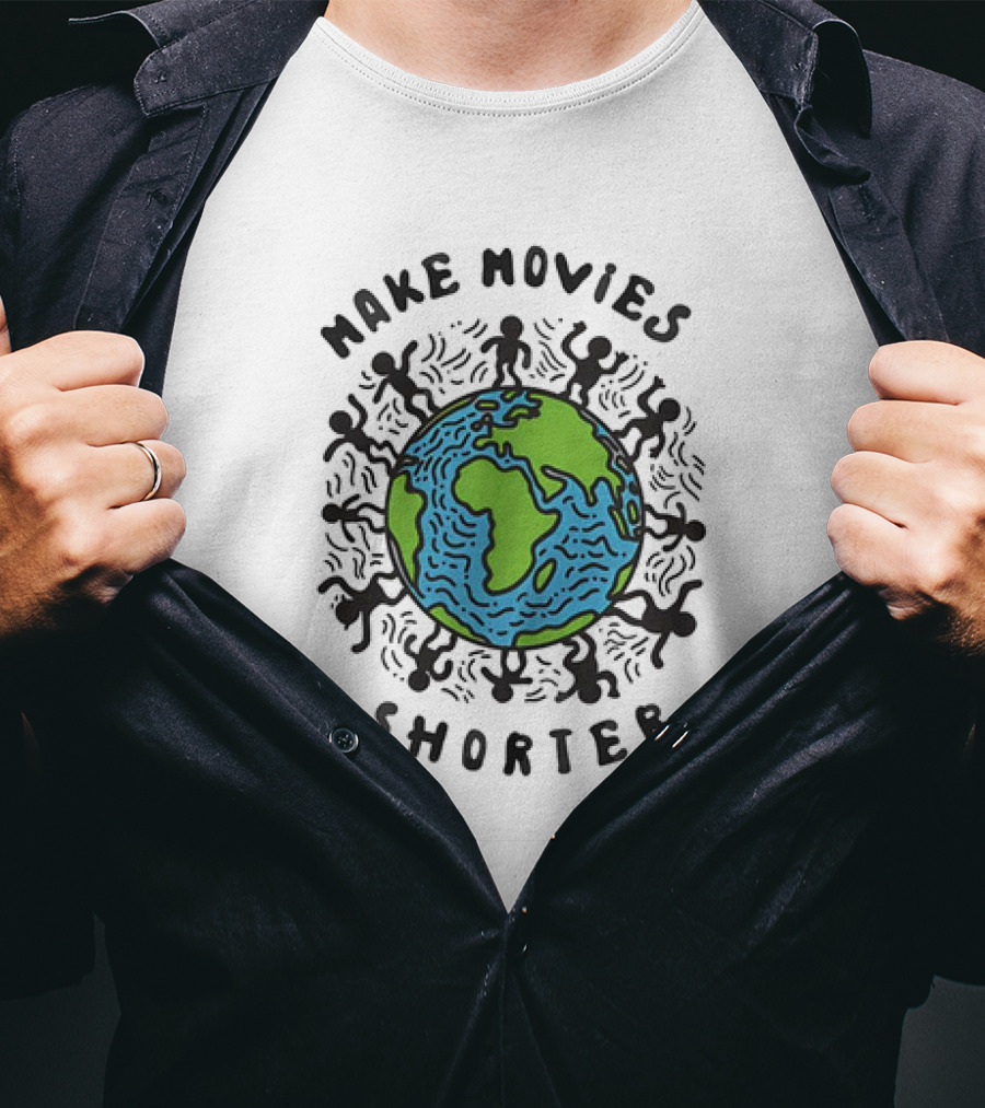 Make Movies Shorter Save The Planet Earth Surrounded By Dancing Figures T-Shirt
