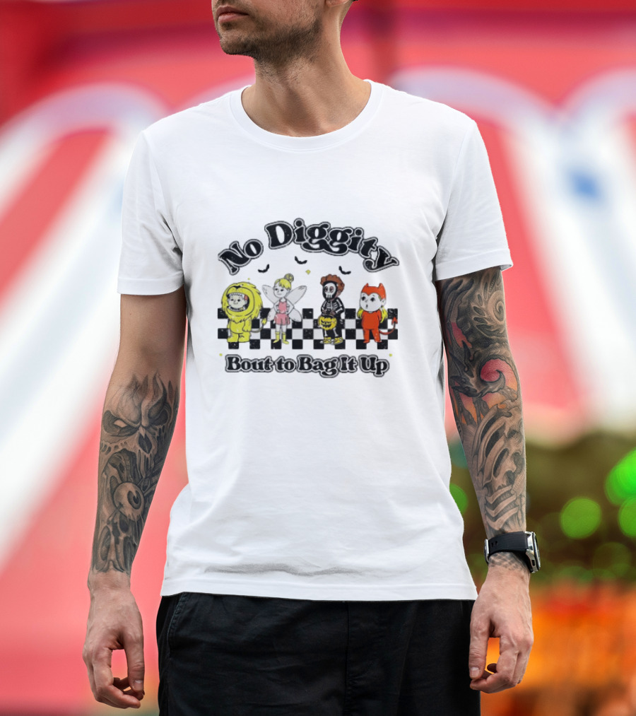 No Diggity Bout to Bag It Up Halloween Costume Characters Checkerboard Bats T-Shirt