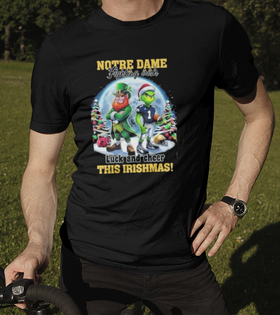 Notre Dame Fighting Irish Luck And Cheer This Irishmas With Christmas Characters T-Shirt