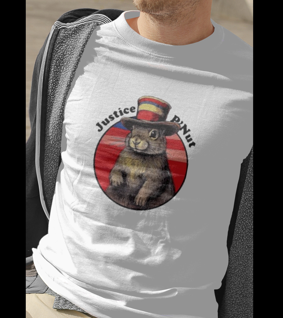 Justice P’Nut Squirrel Wearing Vintage Hat With Red Blue Stripes T-Shirt