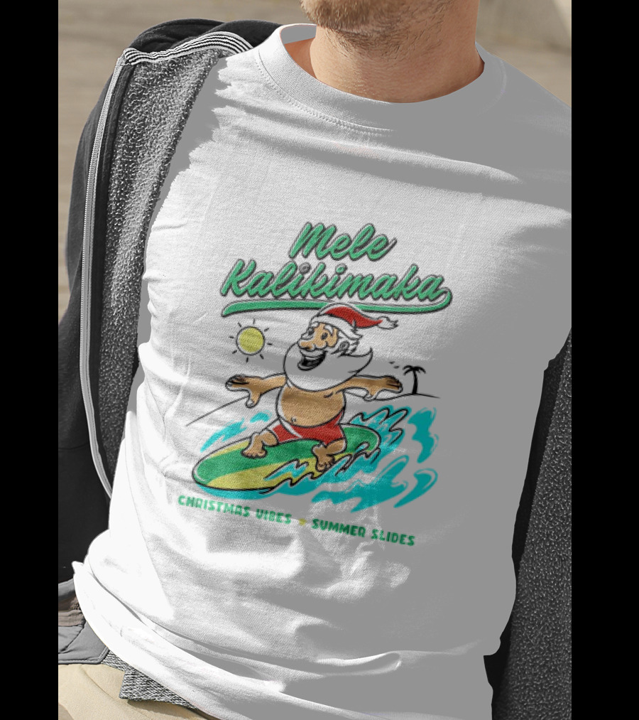 Mele Kalikimaka Santa Surfing Christmas Vibes Summer Slides Tropical Sun T-Shirt