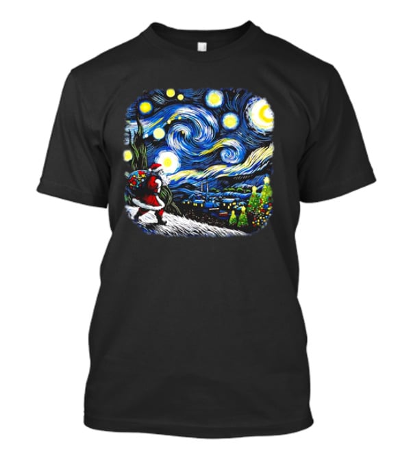 Van Gogh Starry Night Santa Christmas Winter Snowy Night Scene T-Shirt