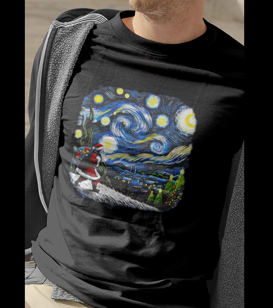 Van Gogh Starry Night Santa Christmas Winter Snowy Night Scene T-Shirt