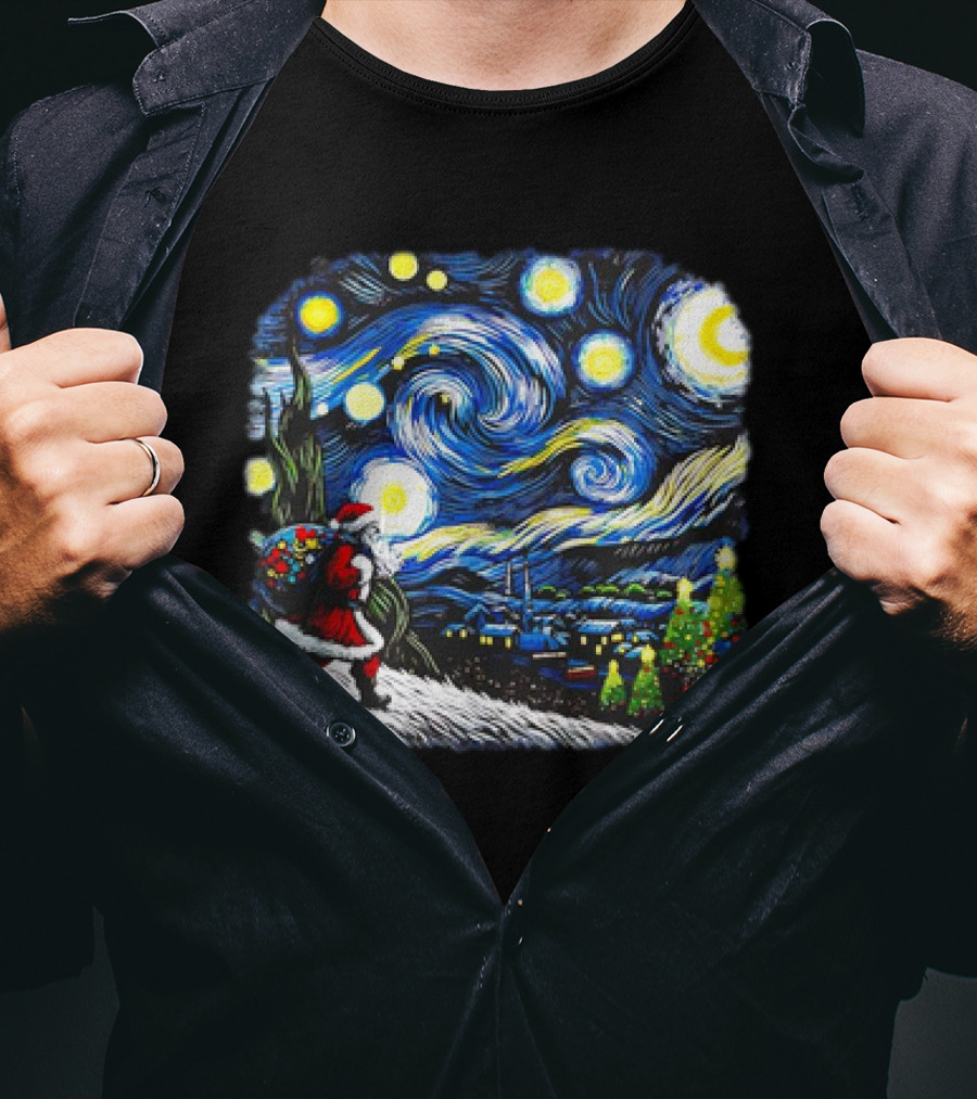 Van Gogh Starry Night Santa Christmas Winter Snowy Night Scene T-Shirt