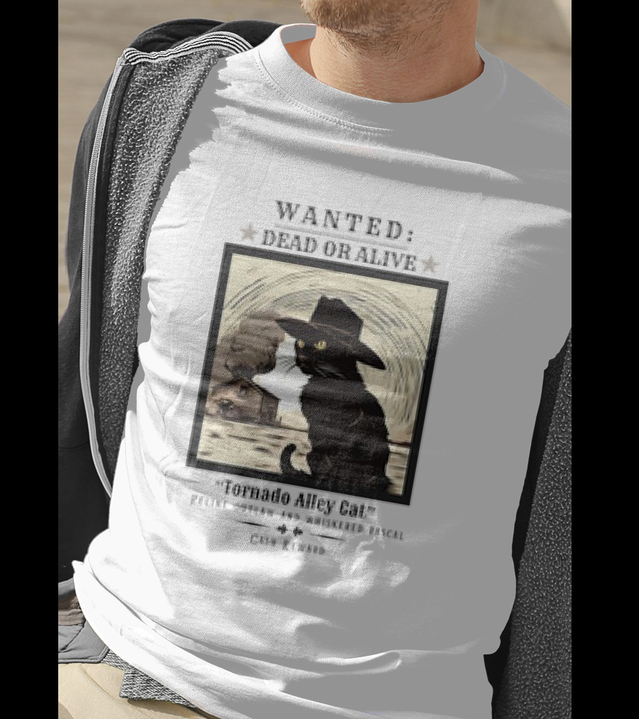 Wanted Dead Or Alive Tornado Alley Cat Oklahoma Whiskered Rascal Cowboy Twister Retro T-Shirt