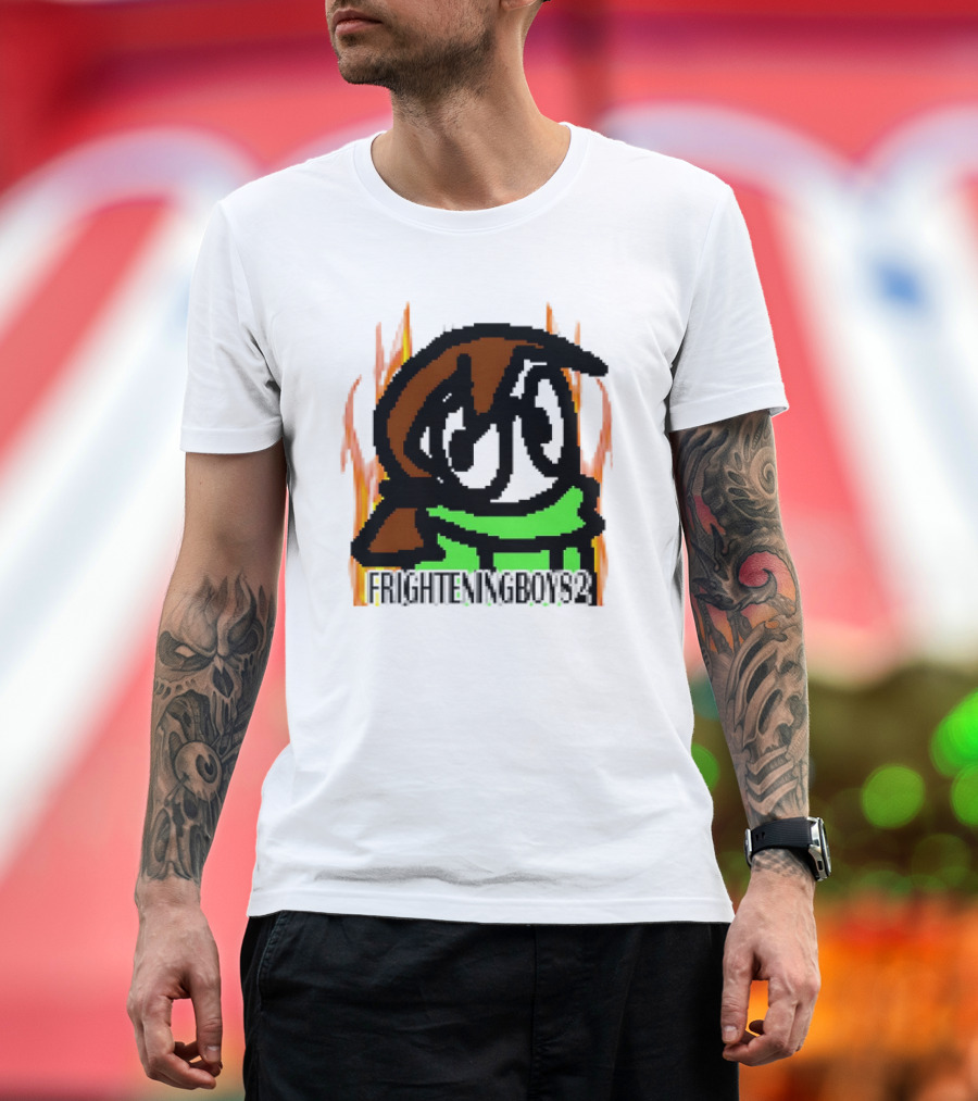 FRIGHTENINGBOY82 Leaf Pixel Art Character with Green Scarf and Flames T-Shirt