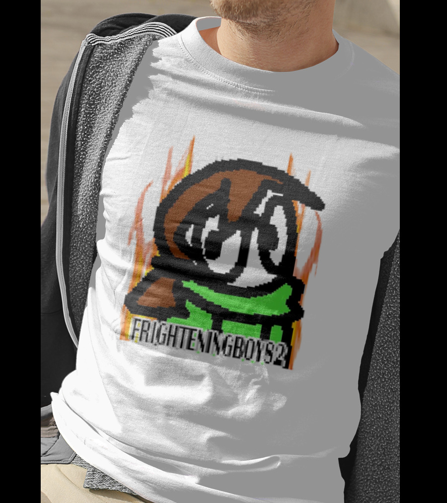 FRIGHTENINGBOY82 Leaf Pixel Art Character With Green Scarf And Flames T-Shirt