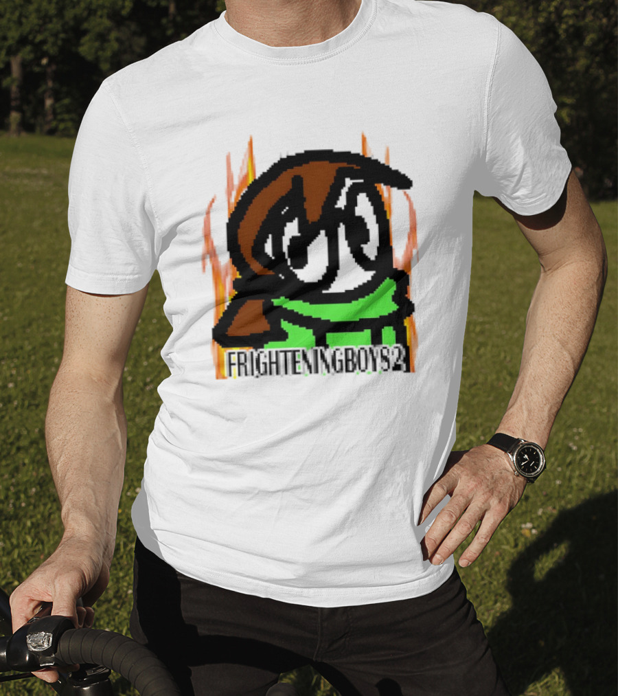 FRIGHTENINGBOY82 Leaf Pixel Art Character With Green Scarf And Flames T-Shirt