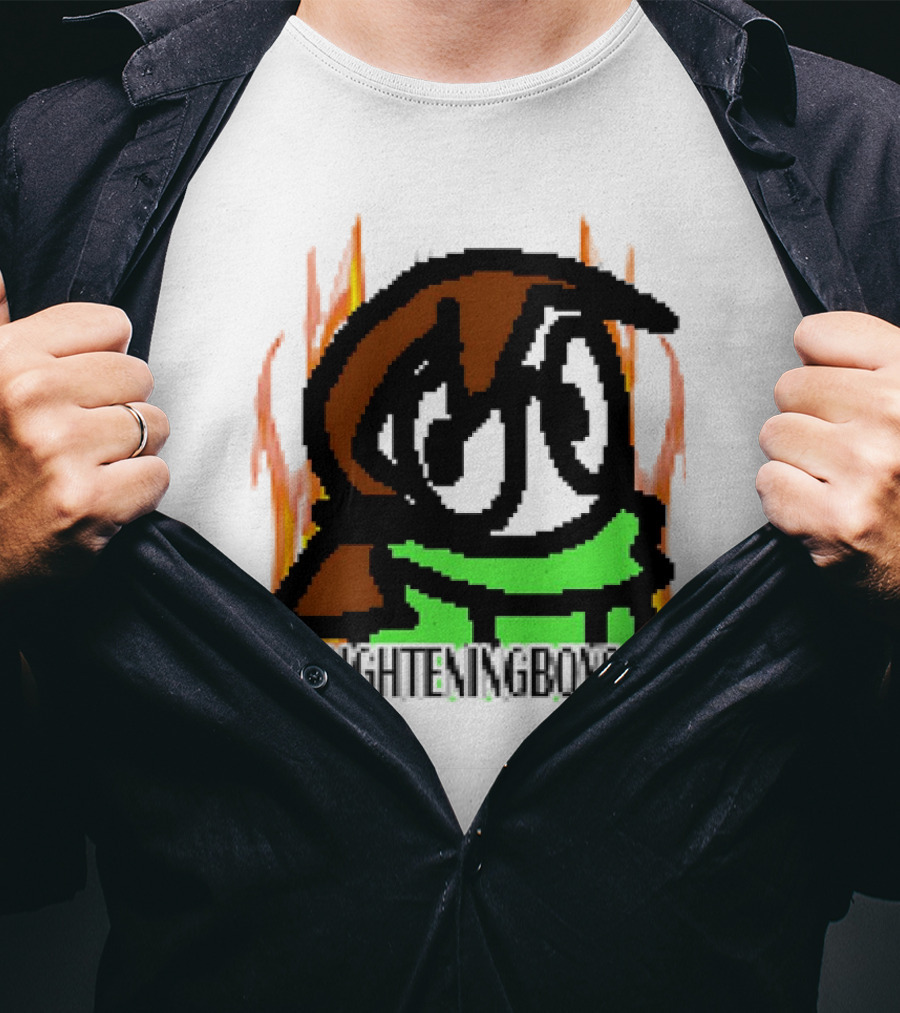 FRIGHTENINGBOY82 Leaf Pixel Art Character With Green Scarf And Flames T-Shirt