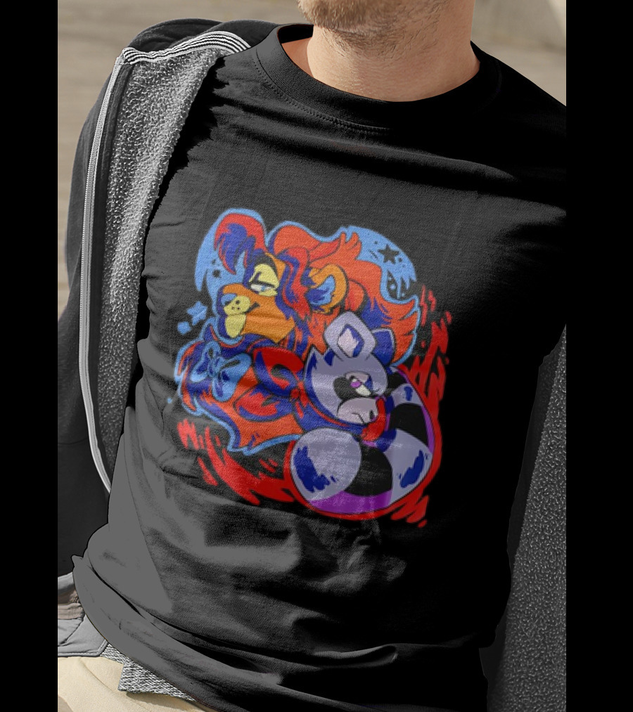 Lion And Raccoon Cartoon With Colorful Flowing Manes And Scarves T-Shirt