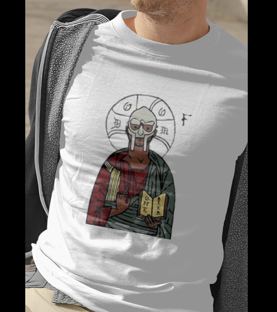 MF DOOM Cartoon Iconic Mask With Sacred Imagery And Open Book One Beer T-Shirt
