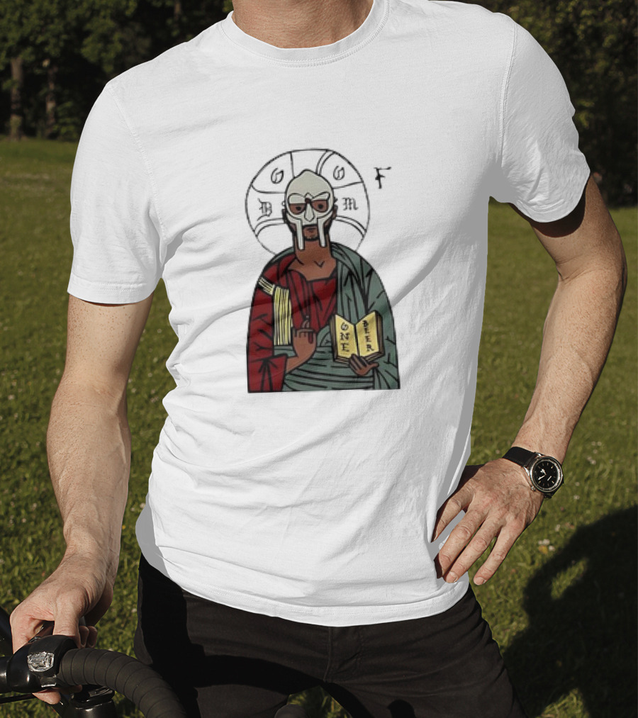 MF DOOM Cartoon Iconic Mask With Sacred Imagery And Open Book One Beer T-Shirt