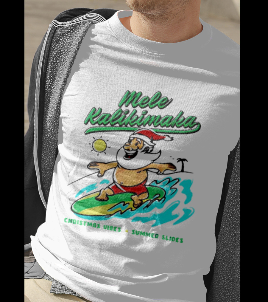 Mele Kalikimaka Santa Claus Surfing Christmas Vibes Summer Slides T-Shirt