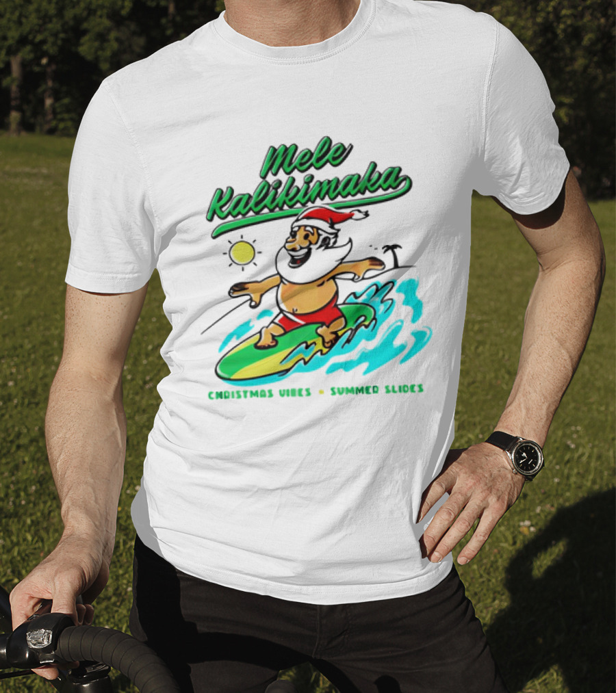 Mele Kalikimaka Santa Claus Surfing Christmas Vibes Summer Slides T-Shirt