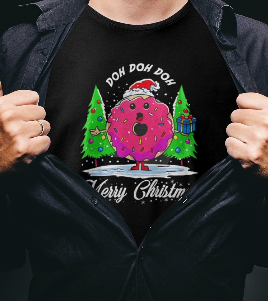 Doh Doh Doh Donut Santa Merry Christmas Snow Scene T-Shirt