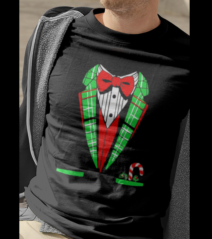 Santa Tuxedo Christmas Suit Candy Cane Plaid Bow Tie T-Shirt