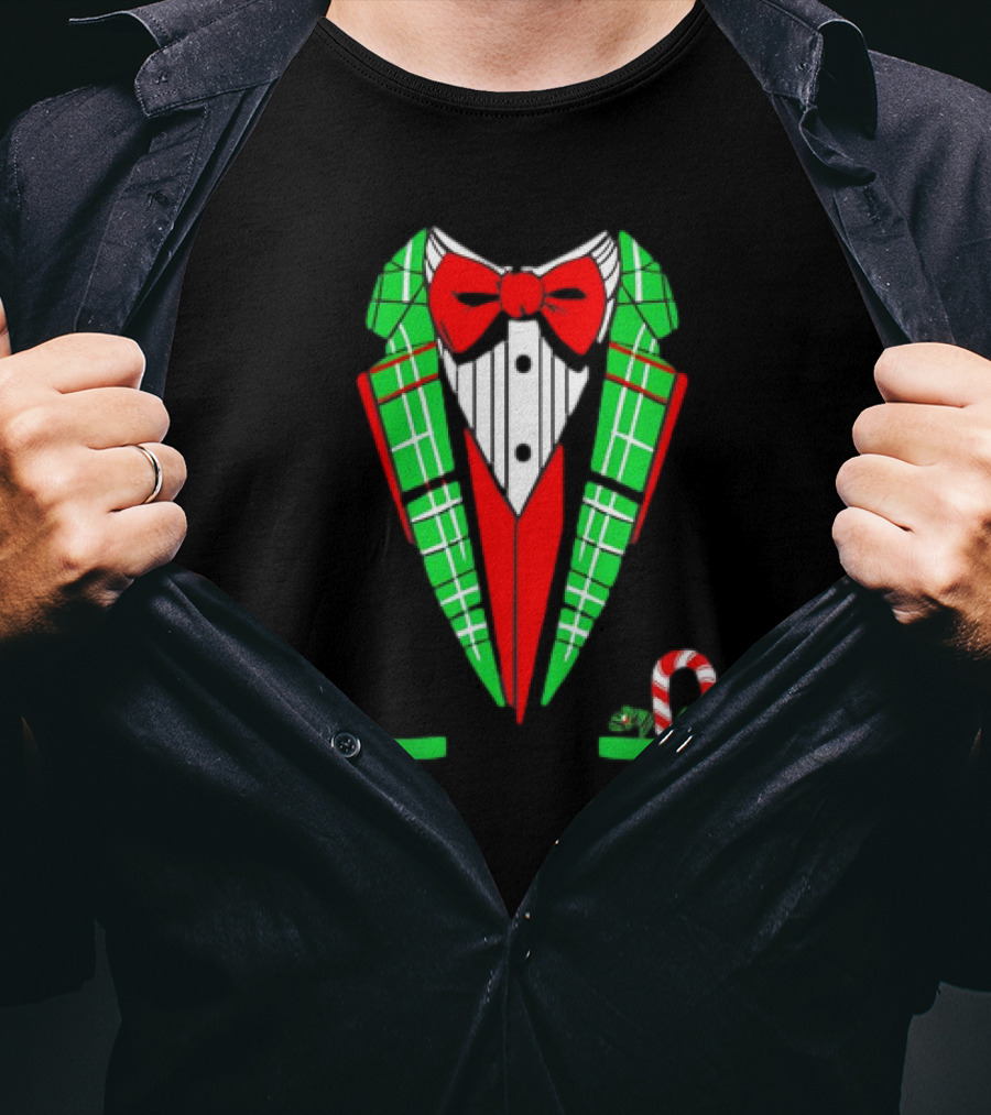 Santa Tuxedo Christmas Suit Candy Cane Plaid Bow Tie T-Shirt