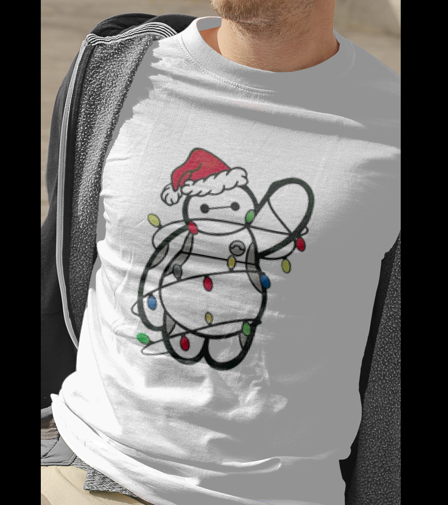 Baymax Wrapped In Christmas Lights Wearing Santa Hat T-Shirt