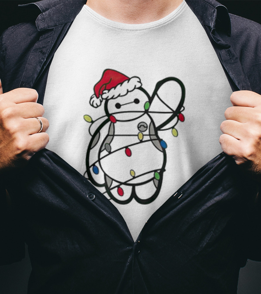 Baymax Wrapped In Christmas Lights Wearing Santa Hat T-Shirt