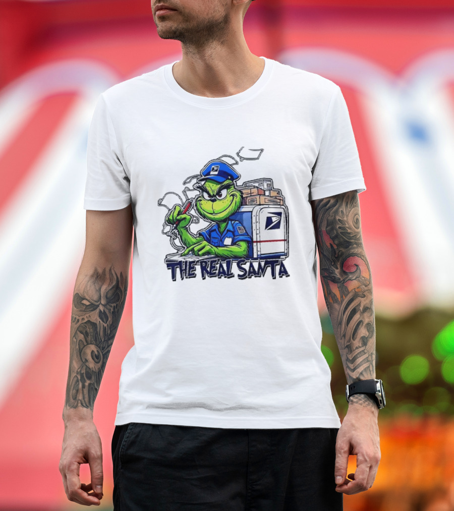 Grinch USPS The Real Santa Postal Delivery Holiday Fun T-Shirt