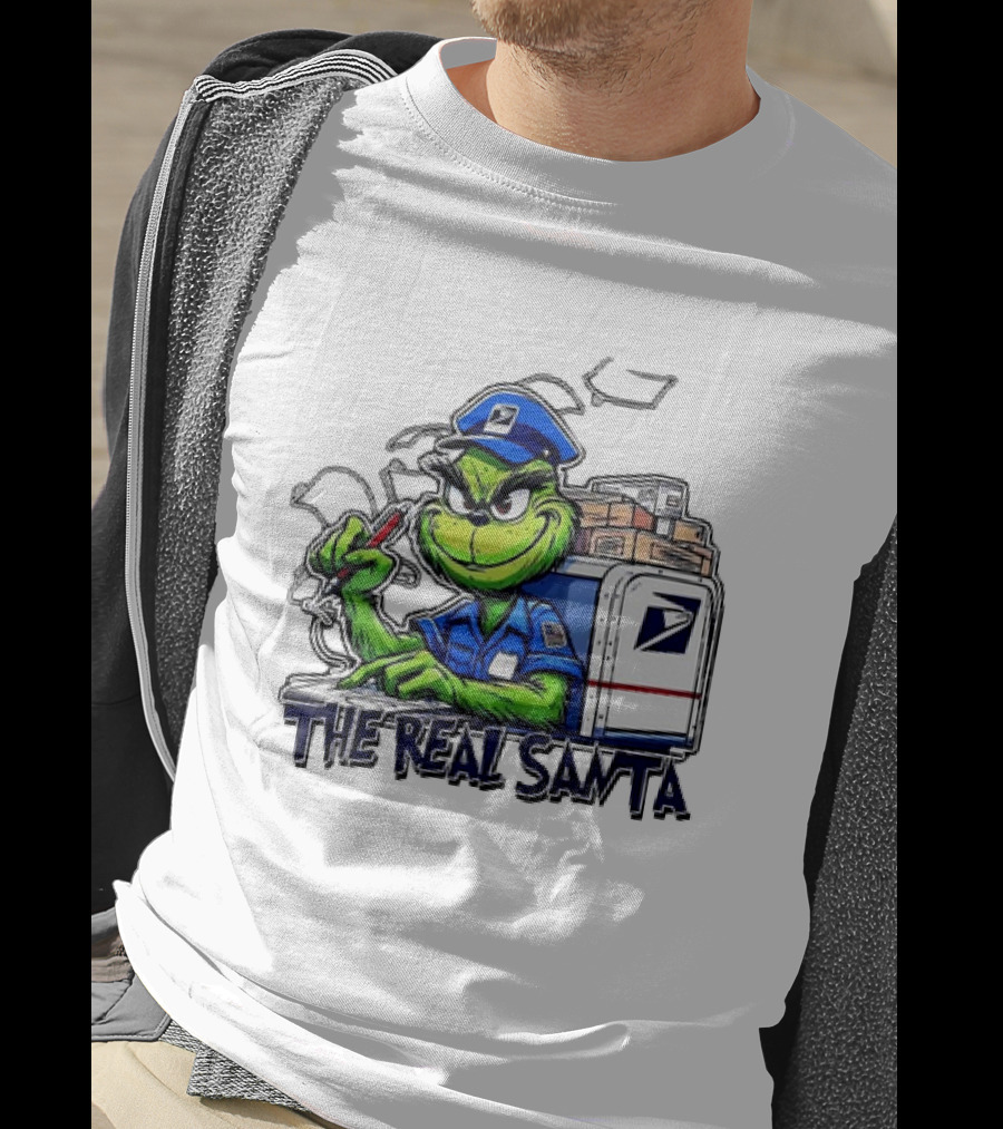 Grinch USPS The Real Santa Postal Delivery Holiday Fun T-Shirt
