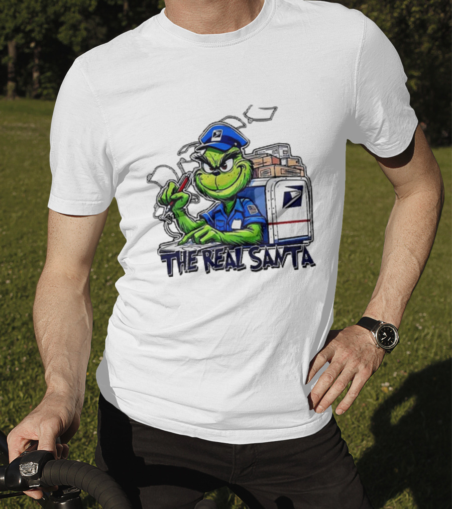 Grinch USPS The Real Santa Postal Delivery Holiday Fun T-Shirt