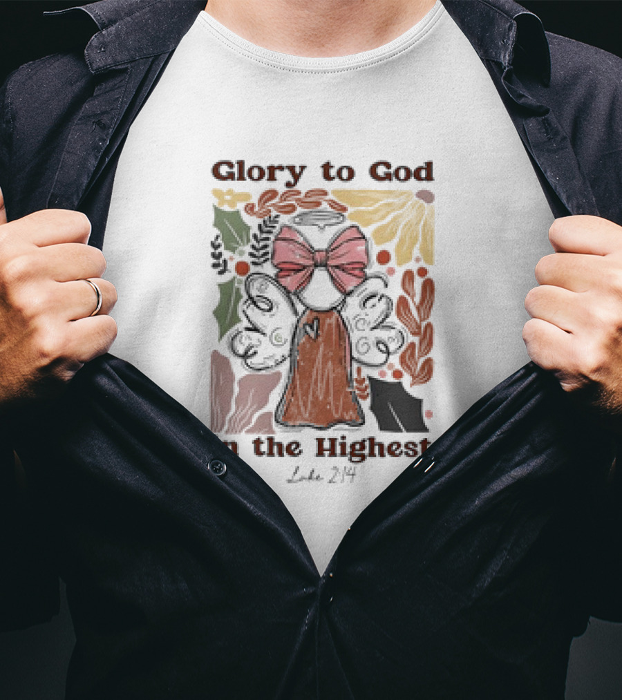 Glory To God In The Highest Luke 2:14 Retro Vintage Christian Angel Bow T-Shirt