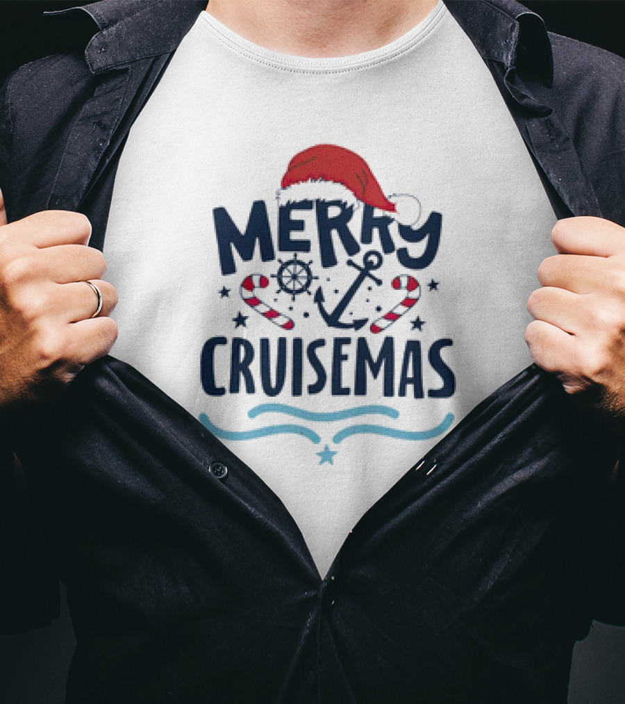 Merry Cruisemas Santa Hat Candy Cane Anchor Christmas T-Shirt